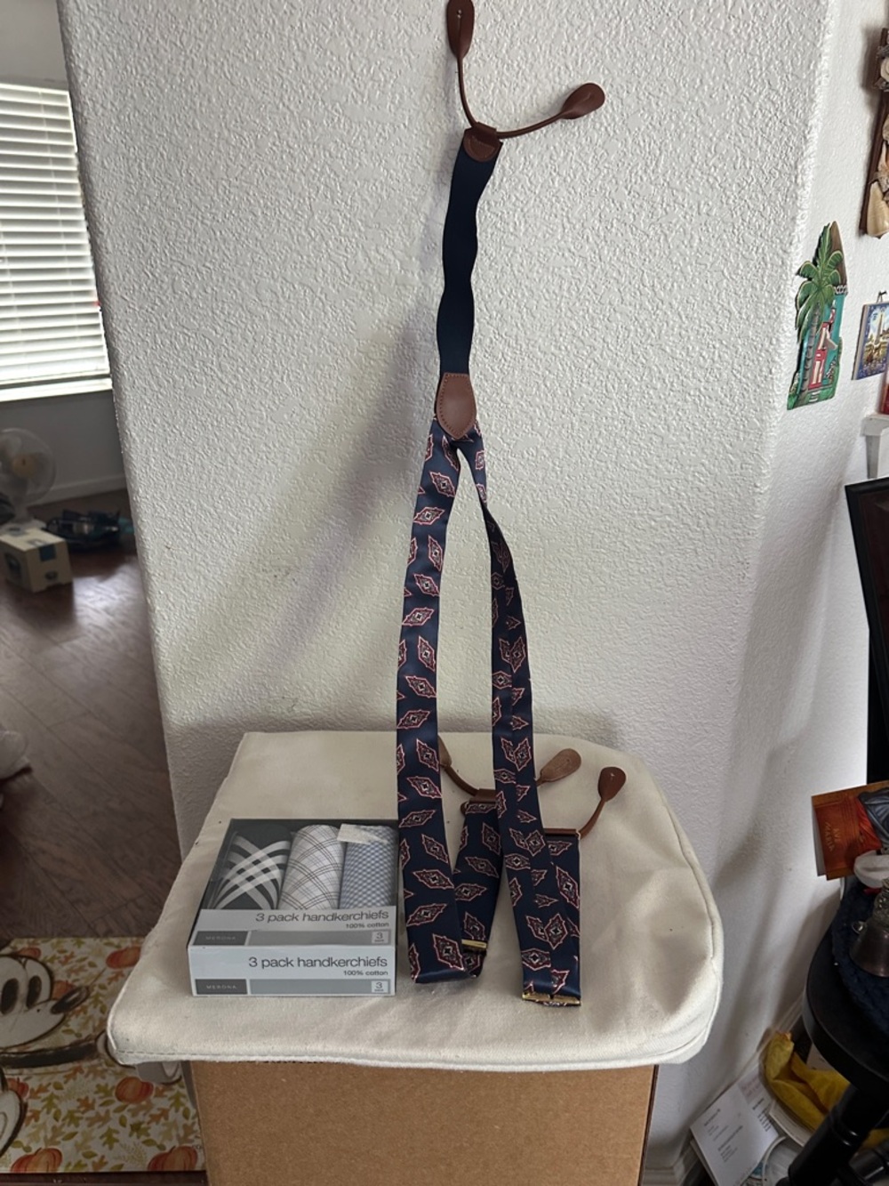Navy Patterned Button-Loop Suspenders with Box of handkerchiefs.